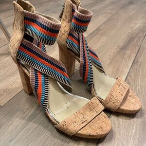 Jessica Simpson Cork Platform Heels with Blue and Orange Striped Ankle Wraps